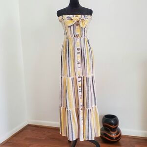 Blue Island Strapless Dress with Yellow and White Stripes